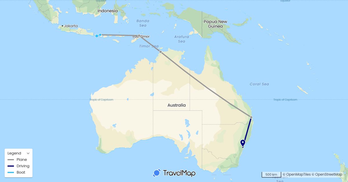 TravelMap itinerary: driving, plane, boat in Australia, Indonesia, East Timor (Asia, Oceania)